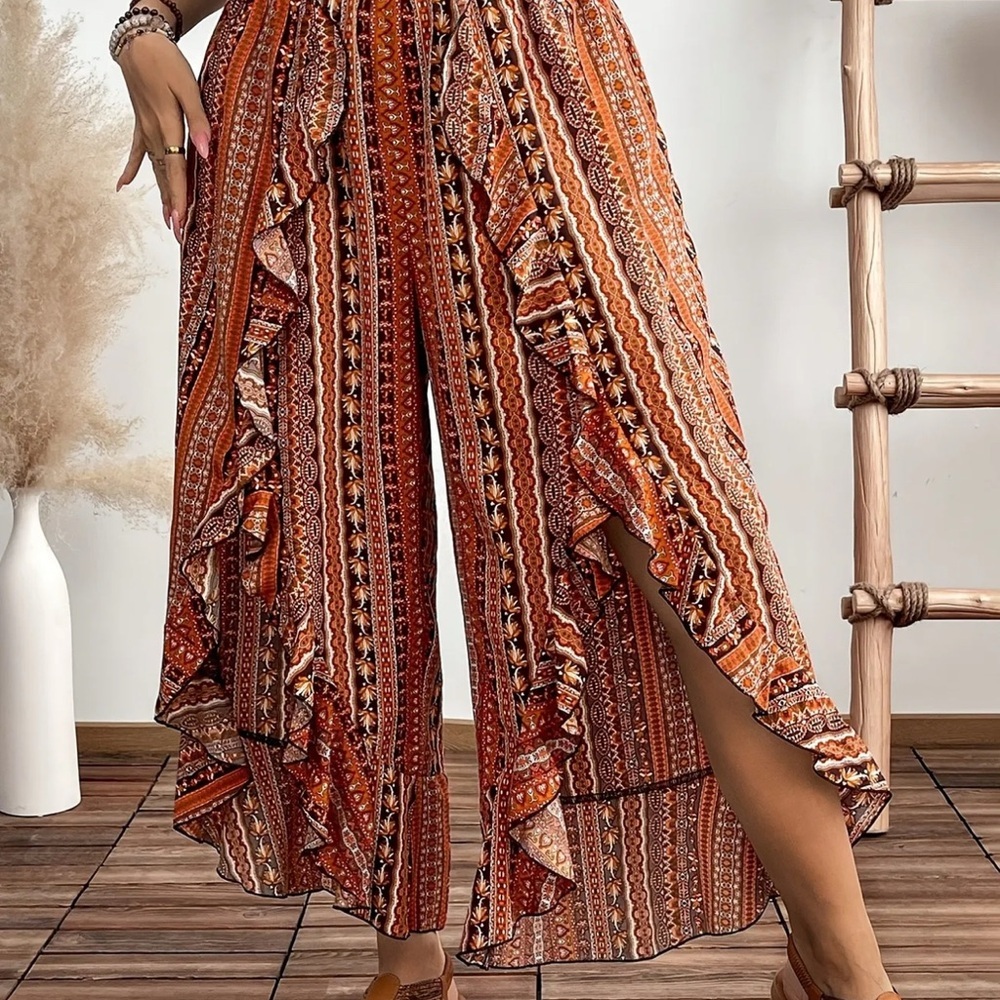Bohemian Ruffle Hemmed Wide-Leg Pants